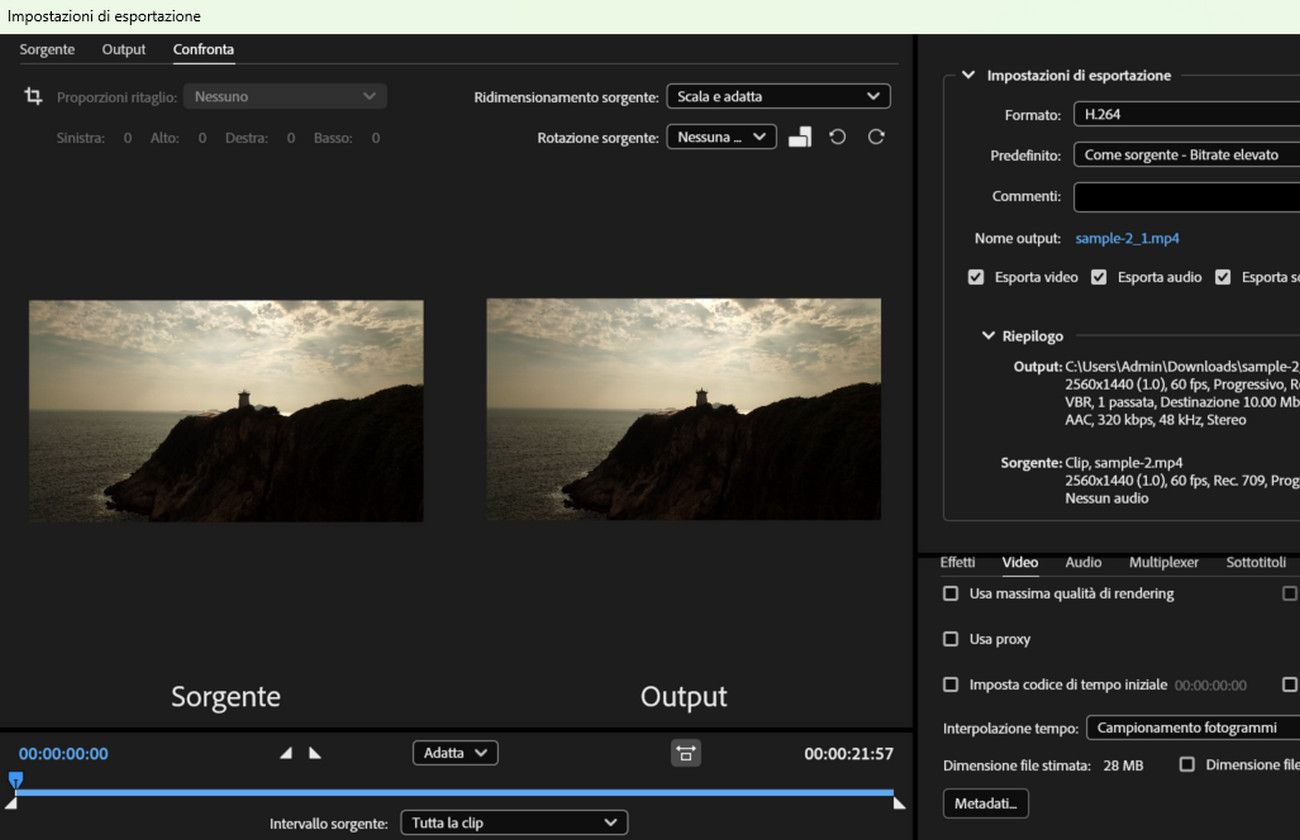 La finestra di dialogo Impostazioni di esportazione è aperta e nella scheda Confronta sono presenti due anteprime: una sorgente e l’altra di output. 