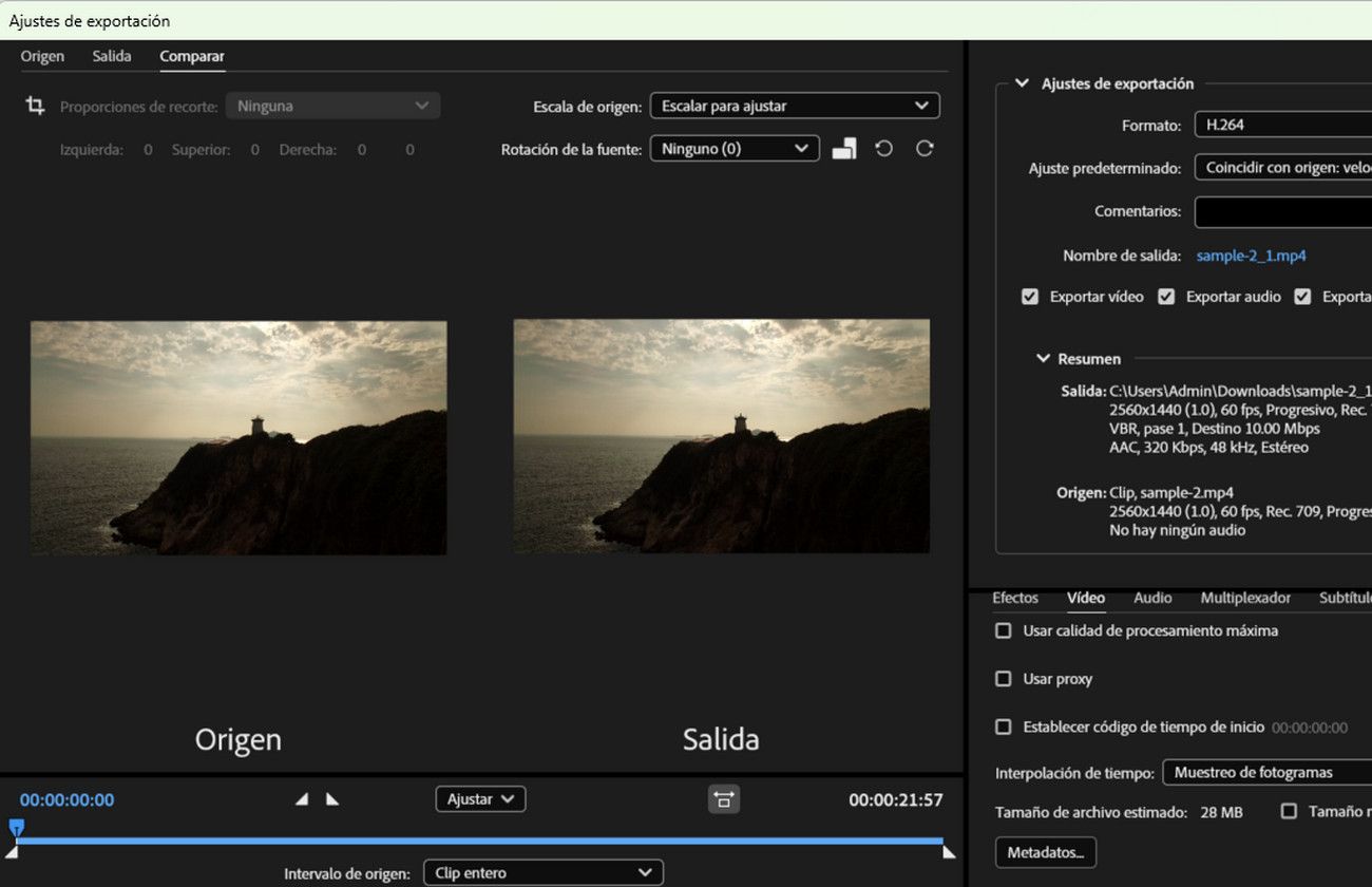 Se abre el cuadro de diálogo Configuración de exportación y, en la pestaña Comparar, hay dos vistas previas, una para el origen y otra para la salida. 