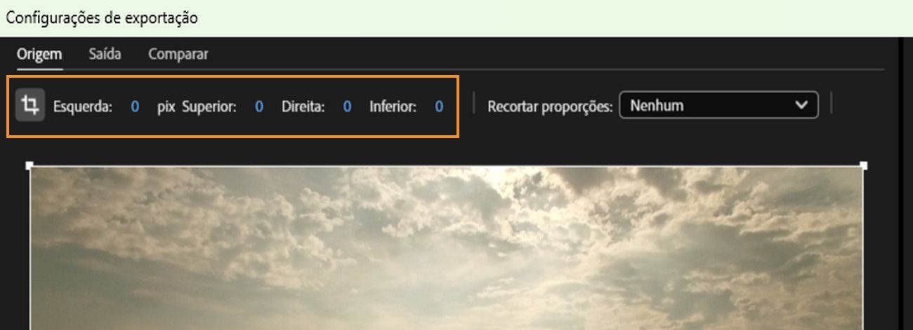 A guia Origem está selecionada com o ícone Cortar o vídeo de saída ativo para ajustar as dimensões da esquerda, superior, direita e inferior para o corte.