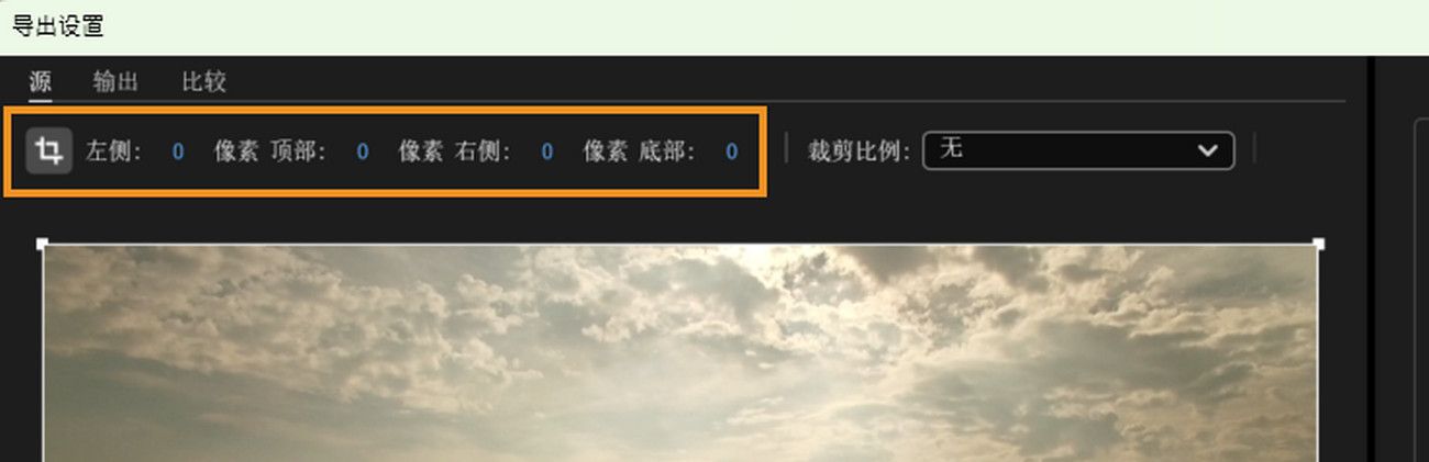 选择“源”选项卡，并且“裁切输出视频”图标处于活动状态，可调整左、上、右和下裁切。