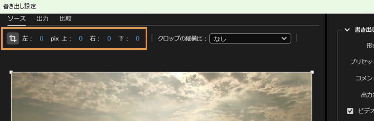 「ソース」タブが選択され、出力ビデオのトリミングアイコンがアクティブになり、トリミングの左、上、右、下を調整します。