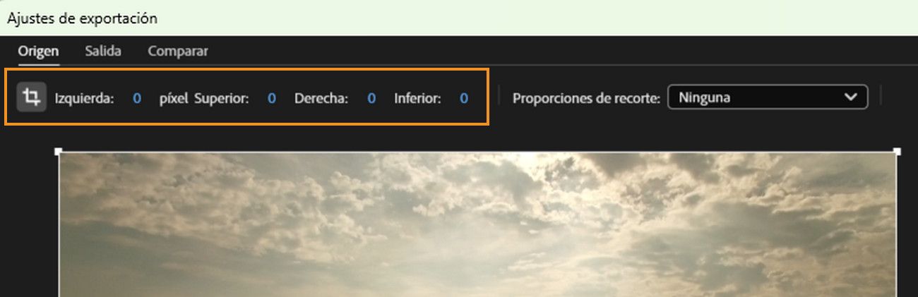La pestaña Fuente está seleccionada y el icono Recorte del vídeo de salida está principal para ajustar izquierda, más, derecha e inferior para el recorte.