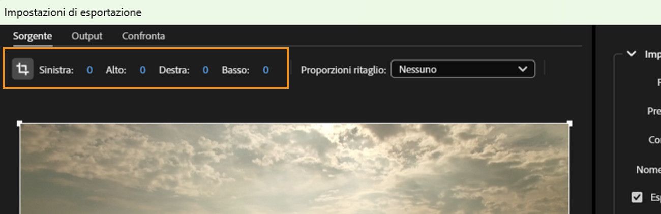 La scheda Origine è selezionata e l'icona Ritaglio del video di output è primaria per regolare sinistra, più, destra e basso per il ritaglio.