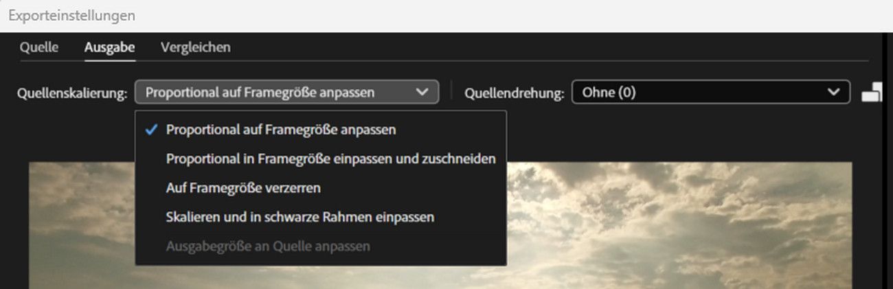 Die Registerkarte Ausgabe ist ausgewählt und das Dropdown Quellskalierung ist geöffnet, sodass du auswählen kannst, wie das zugeschnittene Bild in deine Ausgabeauflösung passt.