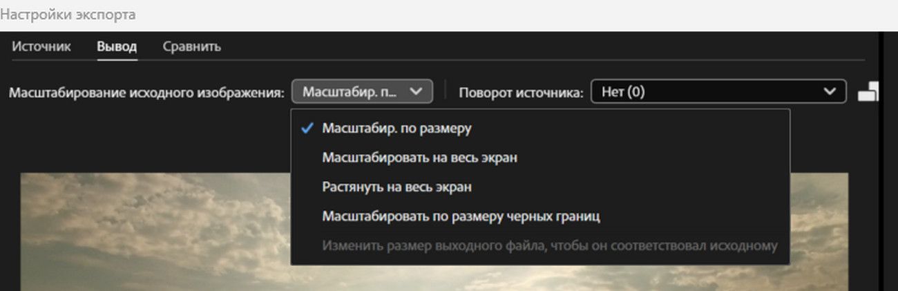 Выбрана вкладка «Вывод», открыто раскрывающееся меню «Масштабирование источника», позволяющее выбрать способ адаптации кадрированного изображения к выходному разрешению.