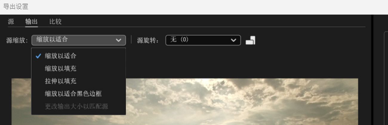 选择“输出”选项卡，并打开“源缩放”下拉列表，允许您选择裁切后的图像如何适合您的输出分辨率。