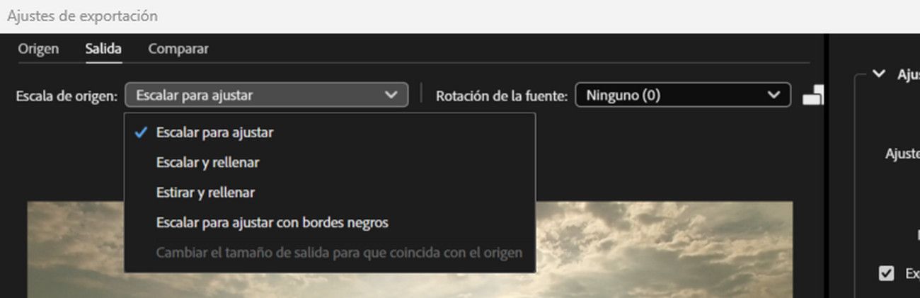 La pestaña Salida está seleccionada y el menú desplegable Escalado de fuente está abierto, lo que le permite elegir cómo se ajusta la imagen recortada a la resolución de salida.