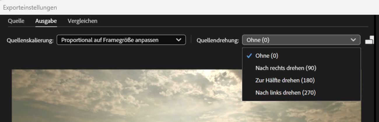 Das Dropdown-Menü mit den Einstellungen für die Quellendrehung ist ausgewählt, um das Video zu drehen oder die Ausrichtung des Videos zu ändern.