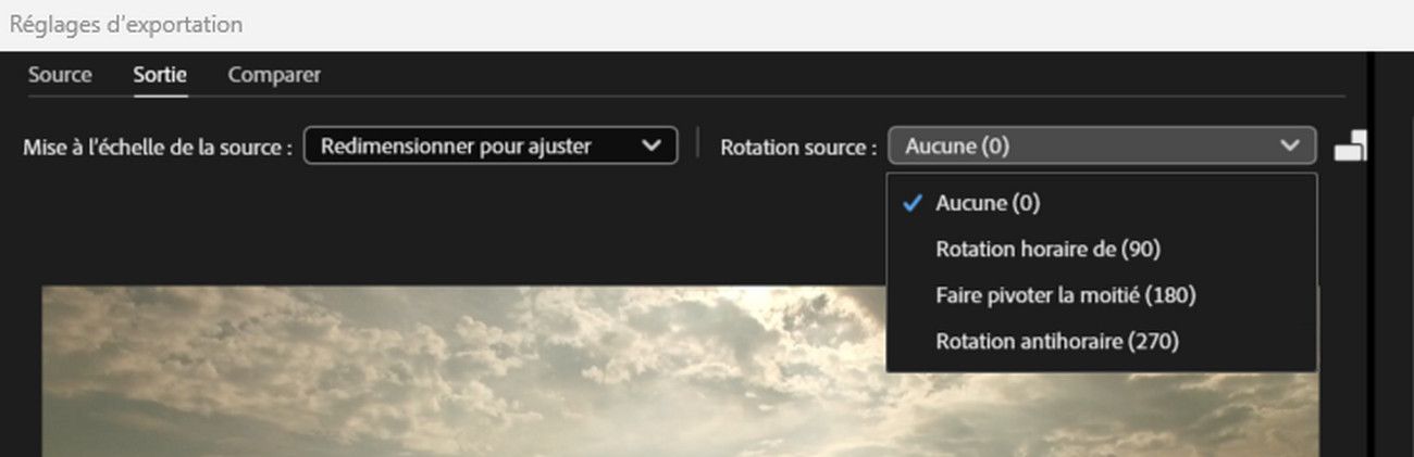 Le menu déroulant des paramètres de rotation de la source vous permettent de faire pivoter la vidéo ou de modifier son orientation.