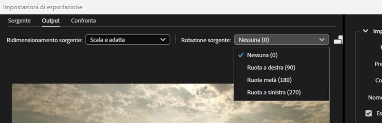 Il menu a discesa Impostazioni rotazione origine è selezionato per ruotare il video o cambiare l'orientamento del video.