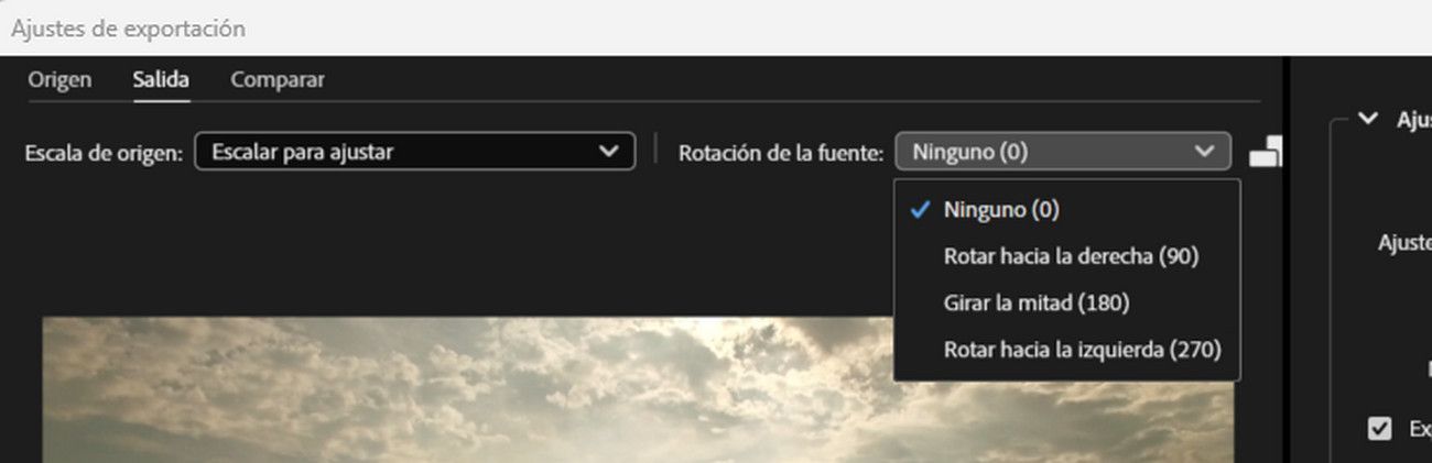 El menú desplegable Configuración de rotación de fuente está seleccionado para rotar el vídeo o cambiar la orientación de su vídeo.