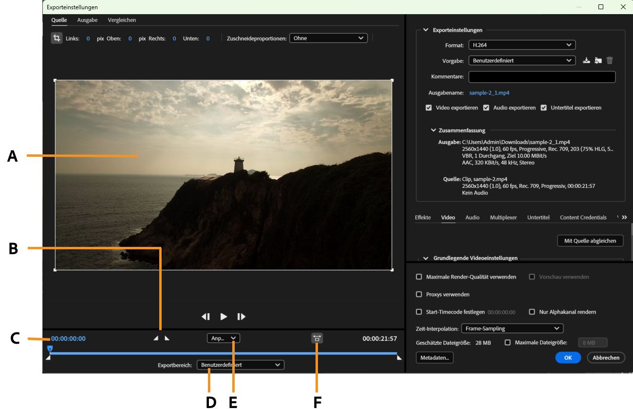 Die Zeitleiste und der Timecode werden unter der Vorschau in der Registerkarte „Quelle“ angezeigt.