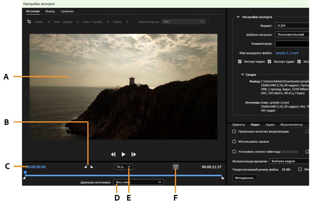 Временная шкала и тайм-код отображаются под кадром предварительного просмотра на вкладке «Источник».