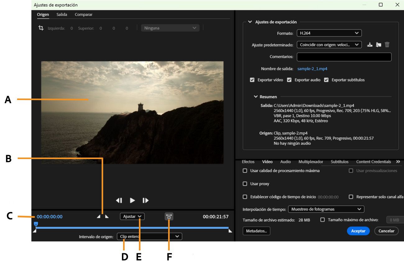La cronología y el código de tiempo se muestran debajo del marco de vista previa en la pestaña fuente.