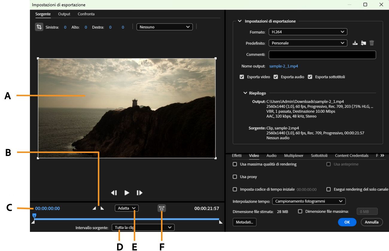 La timeline e il timecode vengono visualizzati sotto il fotogramma di anteprima nella scheda Origine.