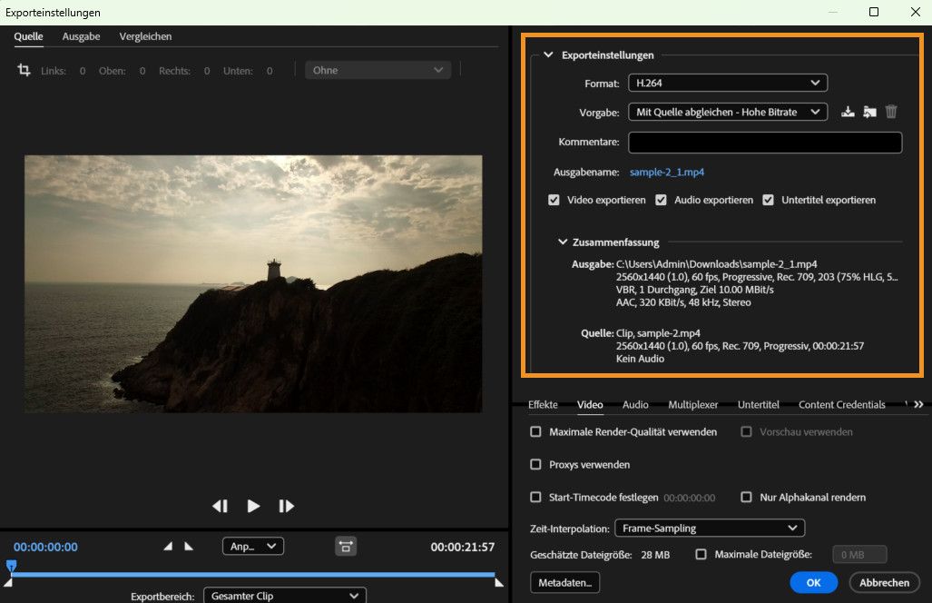 Der Abschnitt „Exporteinstellungen“ im Dialogfeld „Exporteinstellungen“ ist hervorgehoben.