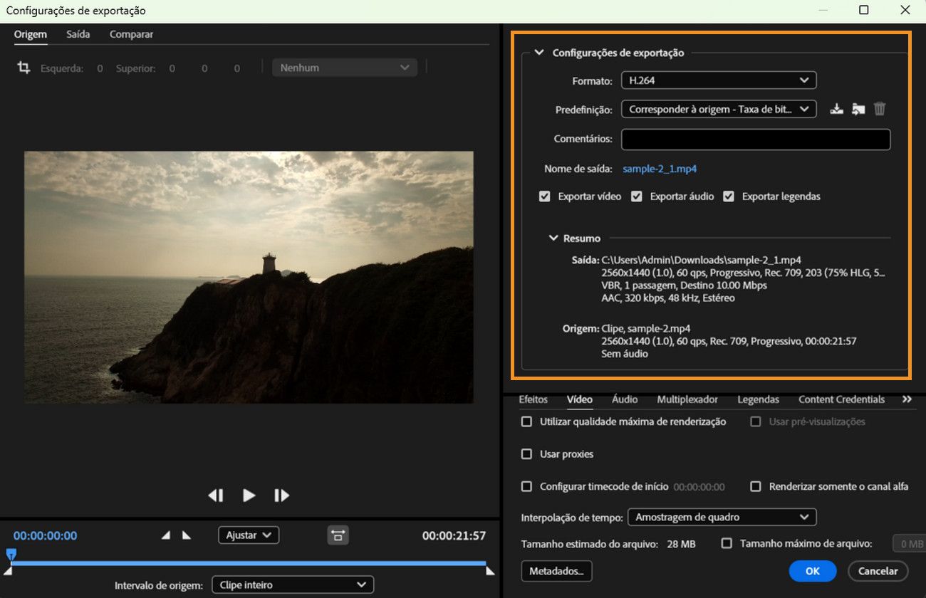 A seção Configurações de exportação na caixa de diálogo Configurações está destacada.