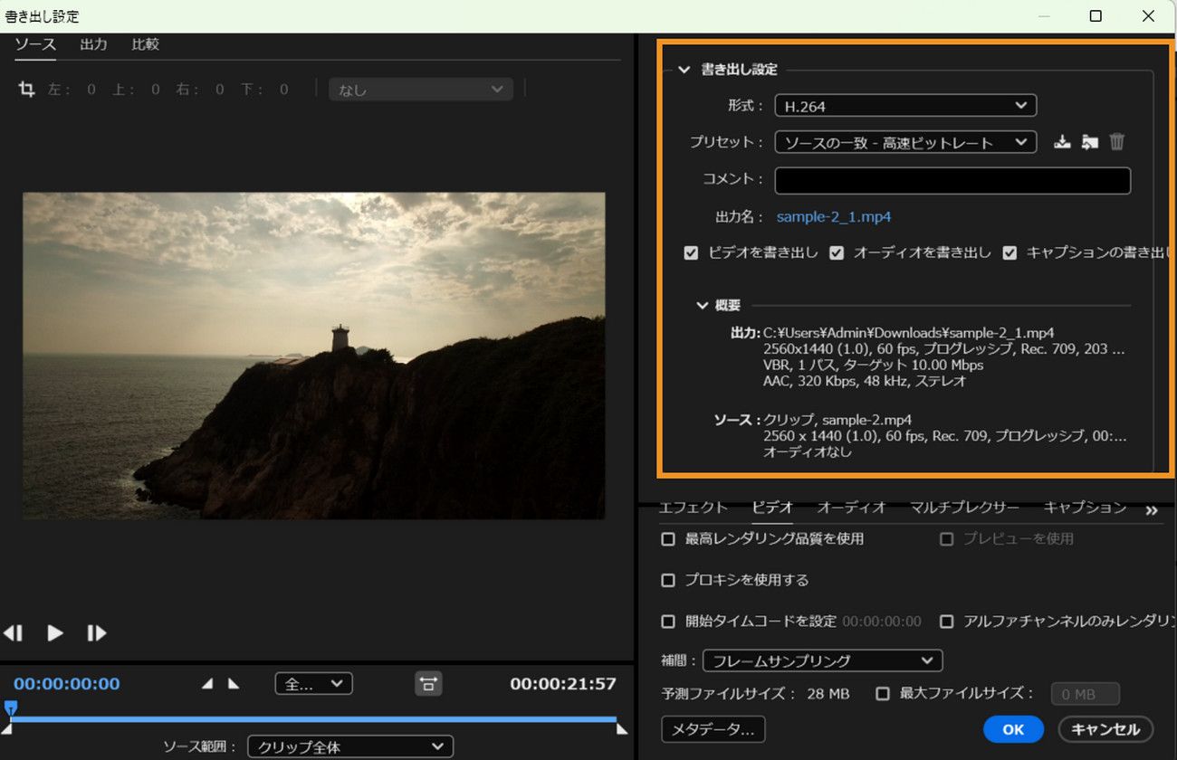 書き出し設定ダイアログボックスの書き出し設定セクションで以下の操作を実行します。