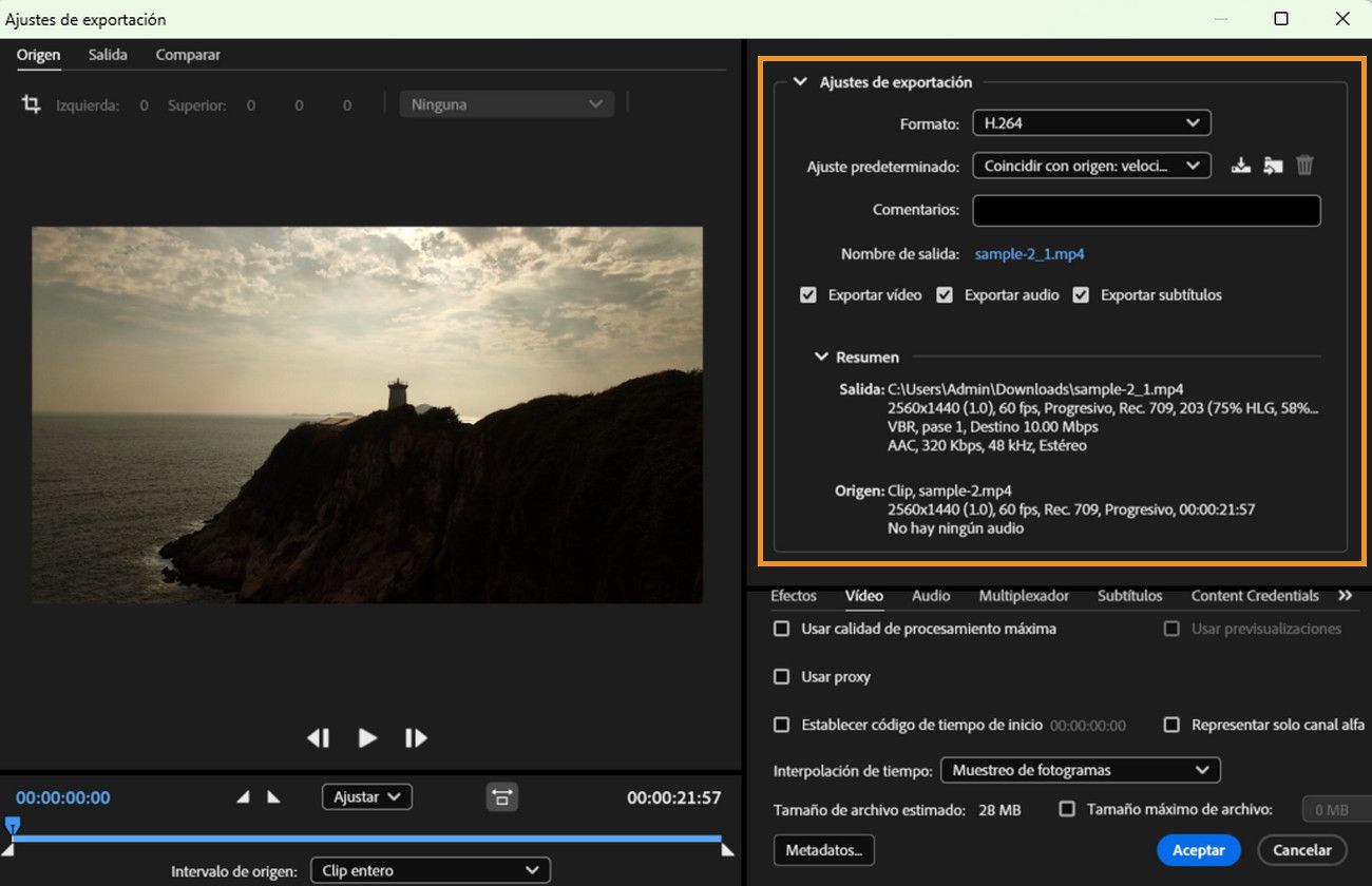 La sección Configuración de exportación en el cuadro de diálogo Configuración de exportación está resaltada.