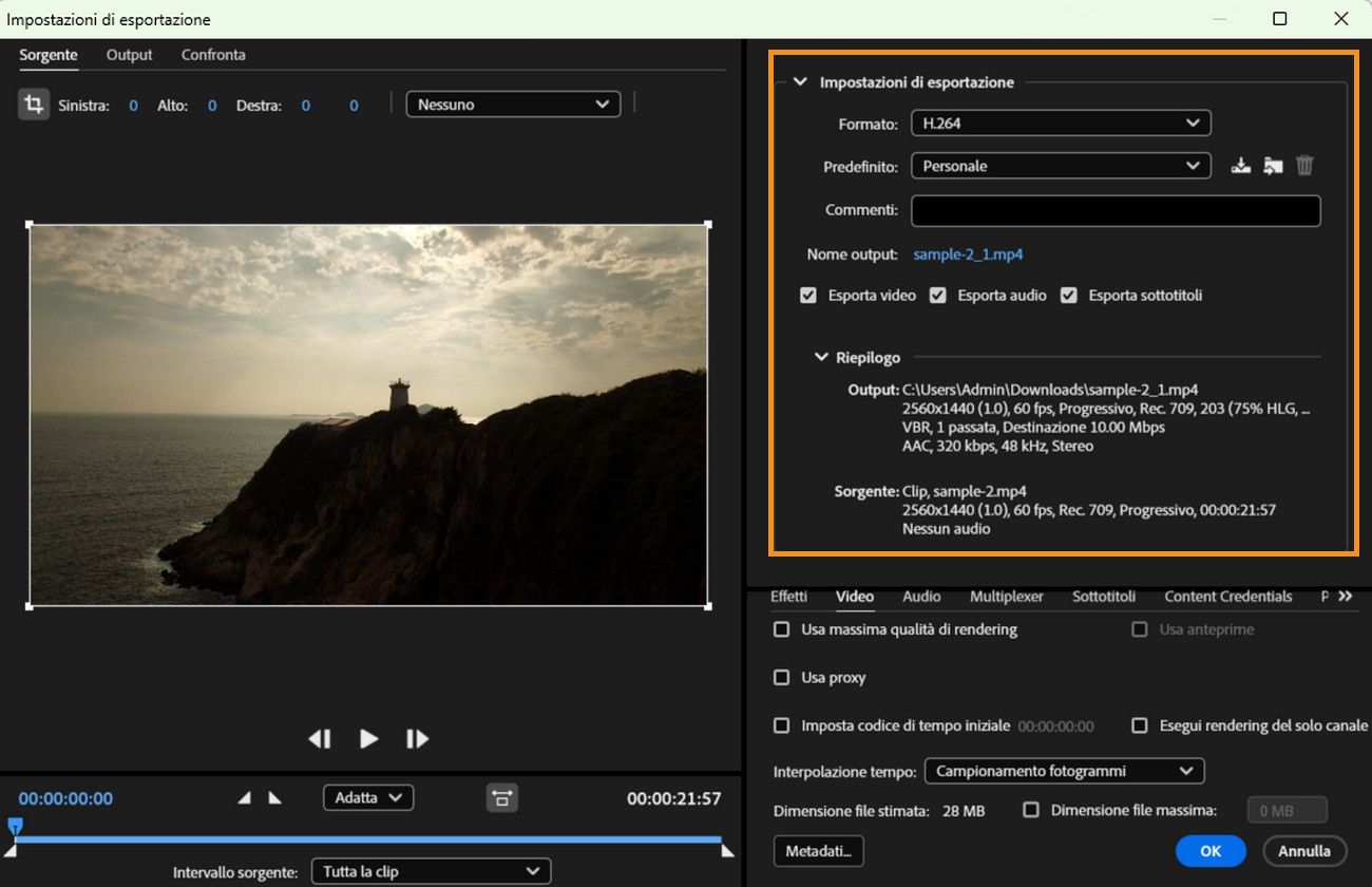 La sezione Impostazioni esportazione nella finestra di dialogo Impostazioni esportazione è evidenziata.
