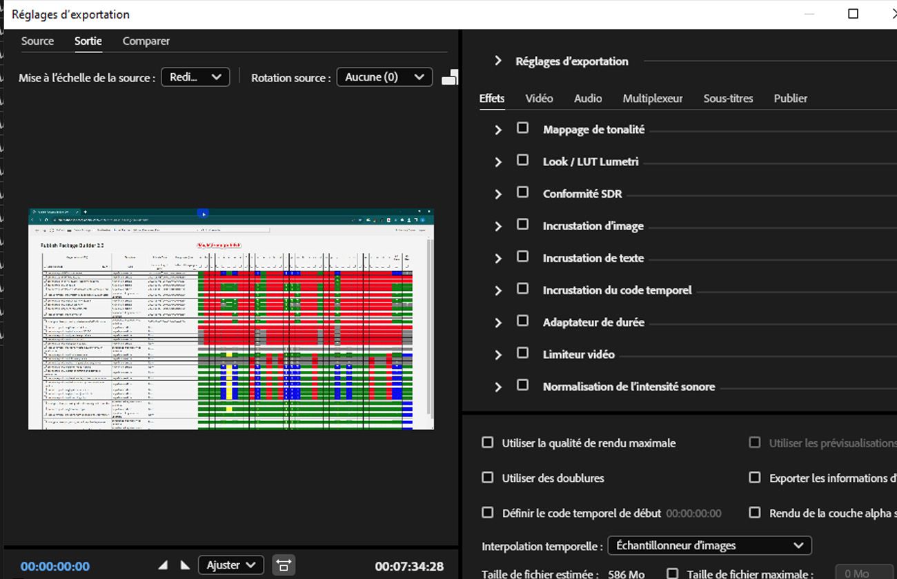 L'onglet Effets est sélectionné sous Paramètres d'export et fournit des contrôles tels que Mappage de ton, Lumetri look/LUT et Conformité SDR pour l'ajustement.
