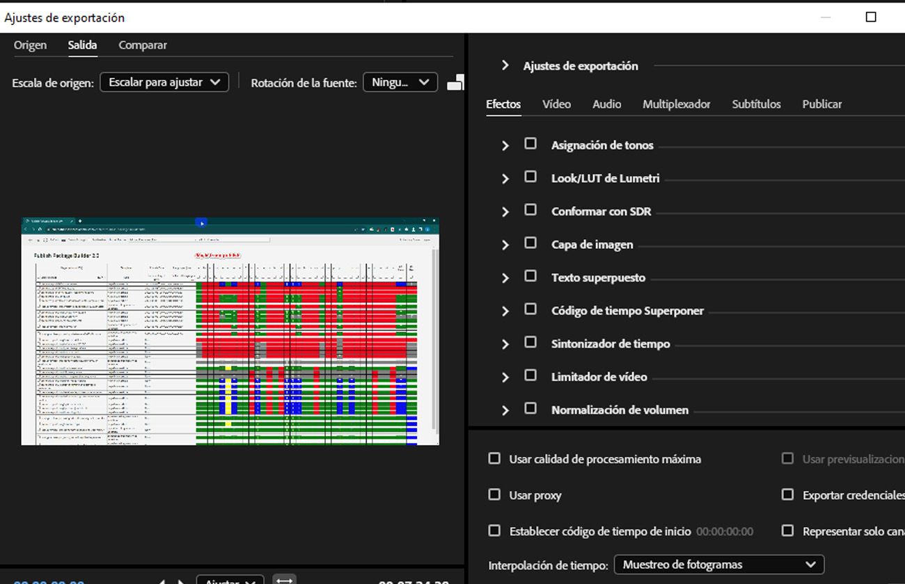 La pestaña Efectos está seleccionada en Configuración de exportación y proporciona controles como asignación de tono, lumetri look/LUT y Conformidad SDR para el ajuste.
