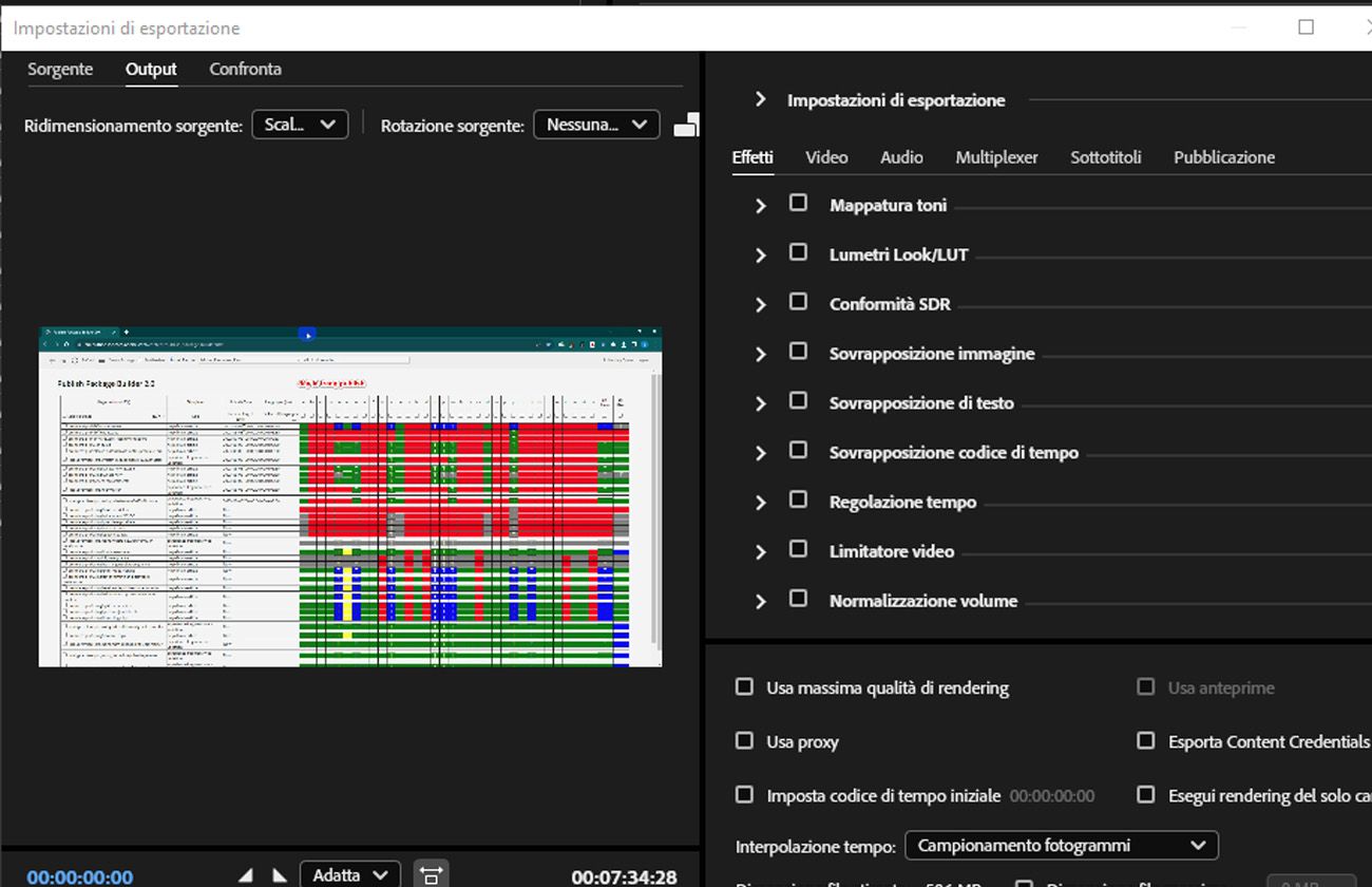 La scheda Effetti è selezionata in Impostazioni esportazione e fornisce controlli come Mappatura tonalità, lumetri look/LUT e Conformità SDR per la regolazione.