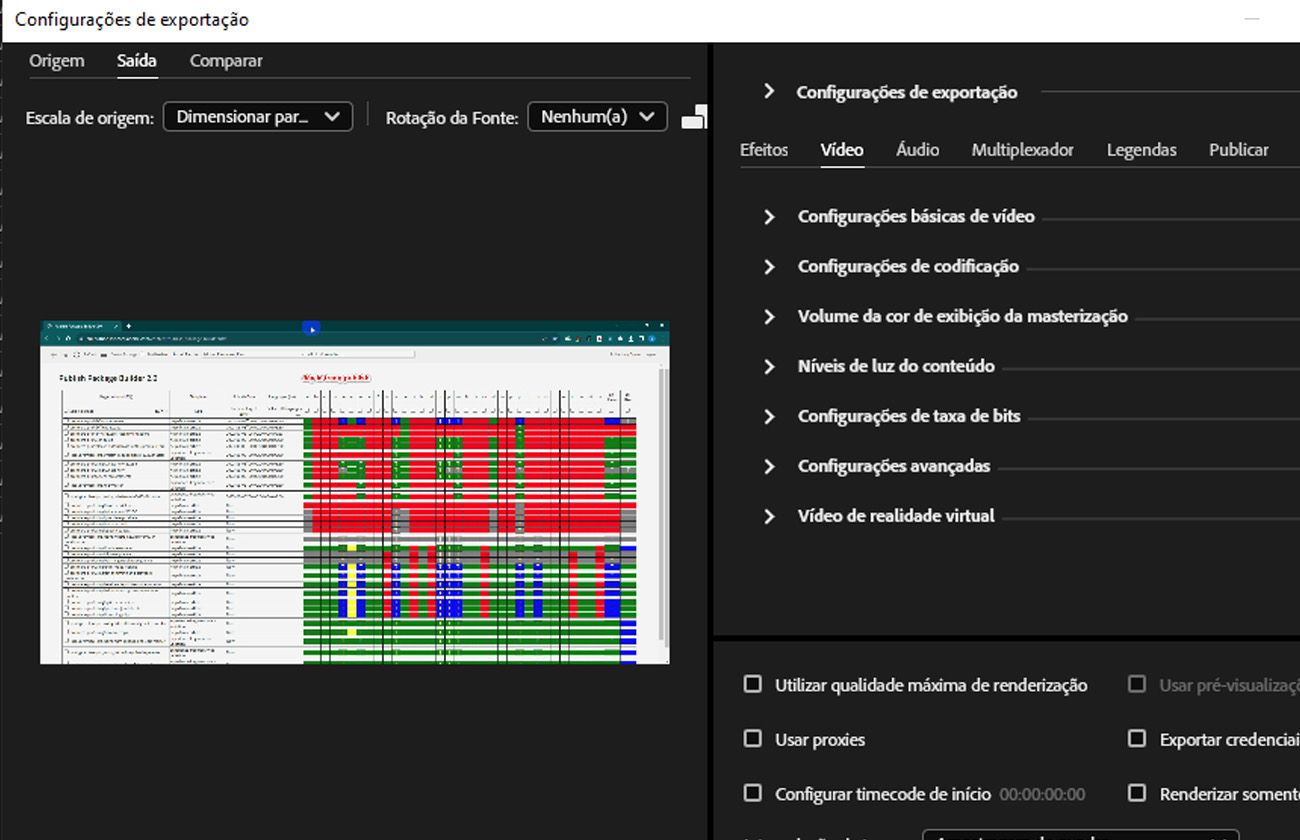 A guia Vídeo está selecionada em Configurações de exportação e fornece controles como Combinar origem, Configurações básicas de vídeo e Configurações de codificação para ajuste.