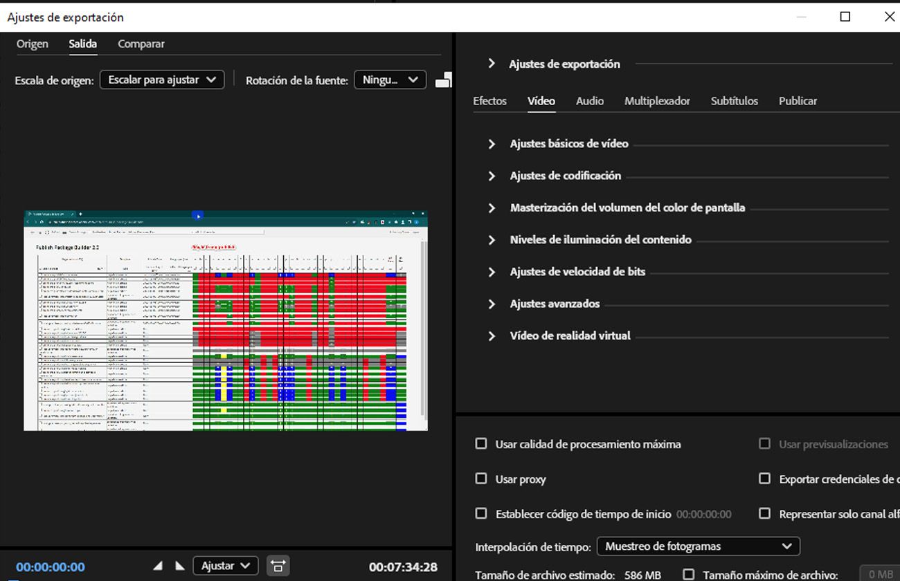La pestaña Vídeo está seleccionada en Configuración de exportación y proporciona controles como Coincidir fuente, Configuración básica de vídeo y Configuración de codificación para ajustar.