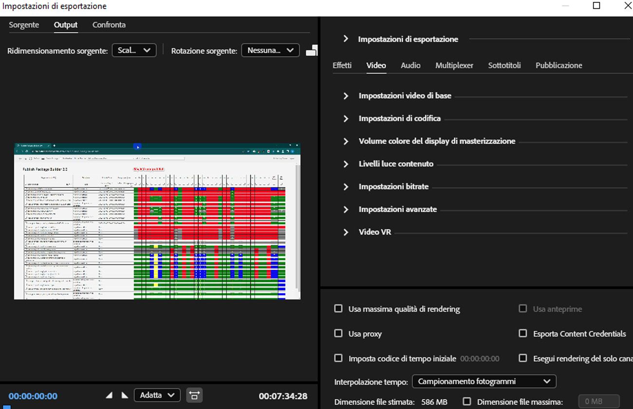 La scheda Video è selezionata in Impostazioni esportazione e fornisce controlli come Corrispondenza origine, Impostazioni video di base e Impostazioni di codifica per la regolazione.