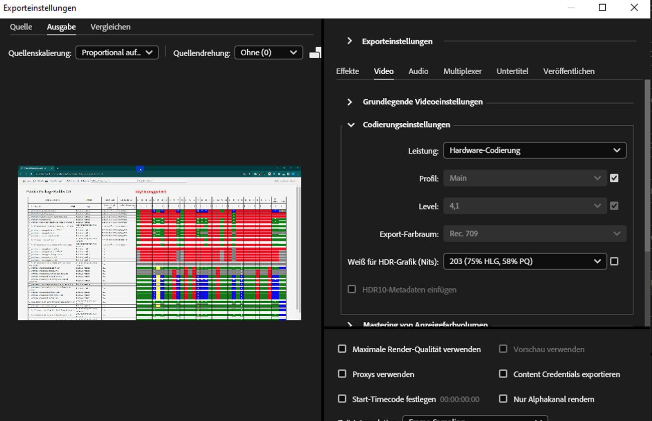 Der Bereich „Kodierungs-Einstellungen“ in der Registerkarte „Video“ ist geöffnet und bietet Steuerelemente wie „Leistung“, „Profil“ und „Tonwertkorrektur“ zur Anpassung