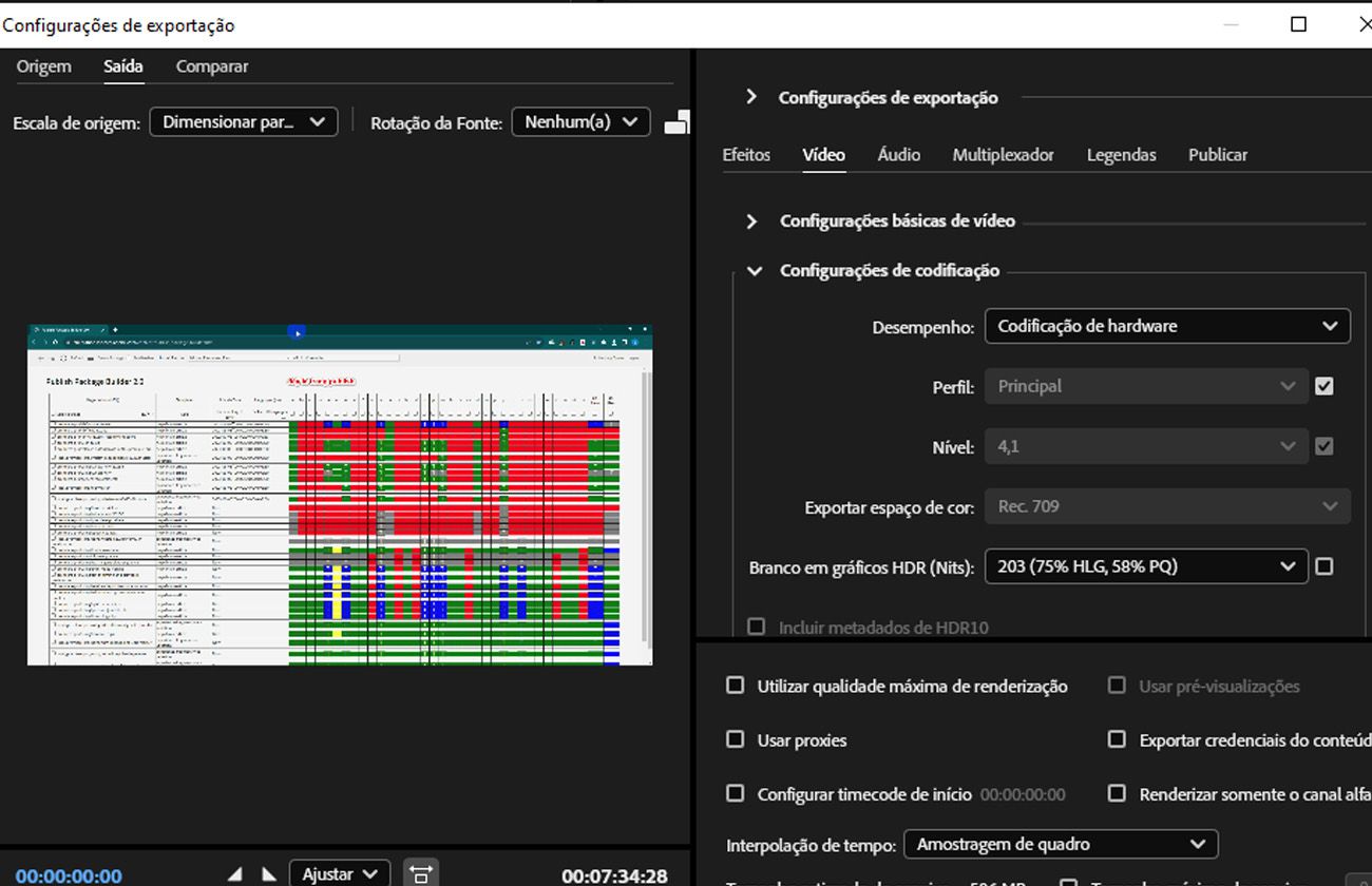 A seção Configurações de codificação na guia Vídeo está aberta e fornece controles como Desempenho, Perfil e Nível para ajuste