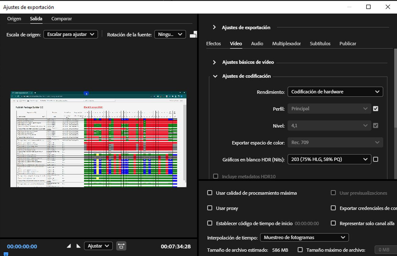 La sección Configuración de codificación bajo la pestaña Vídeo está abierta y proporciona controles como Rendimiento, Perfil y Nivel para ajuste