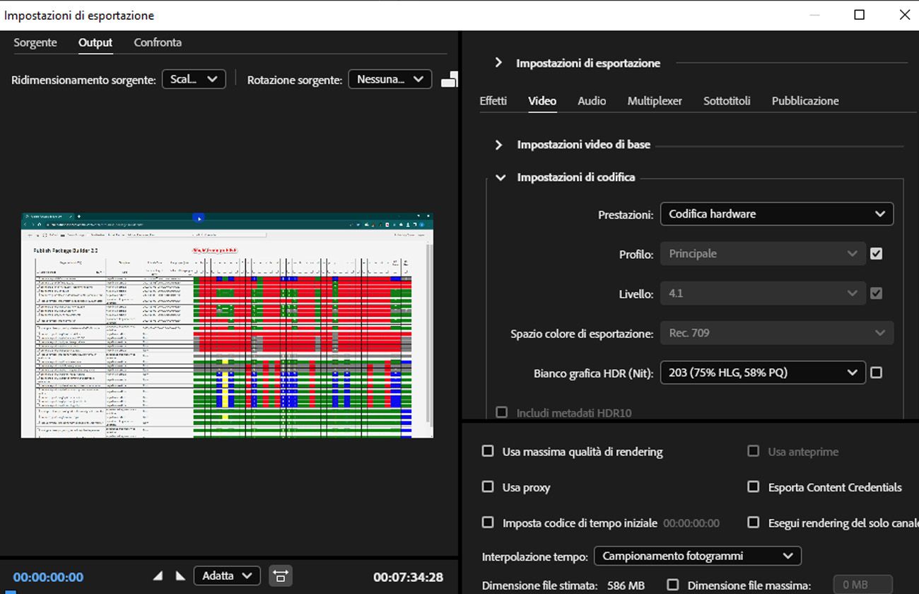 La sezione Impostazioni di codifica nella scheda Video è aperta e fornisce controlli come Prestazioni, Profilo e Valore tonale per la regolazione