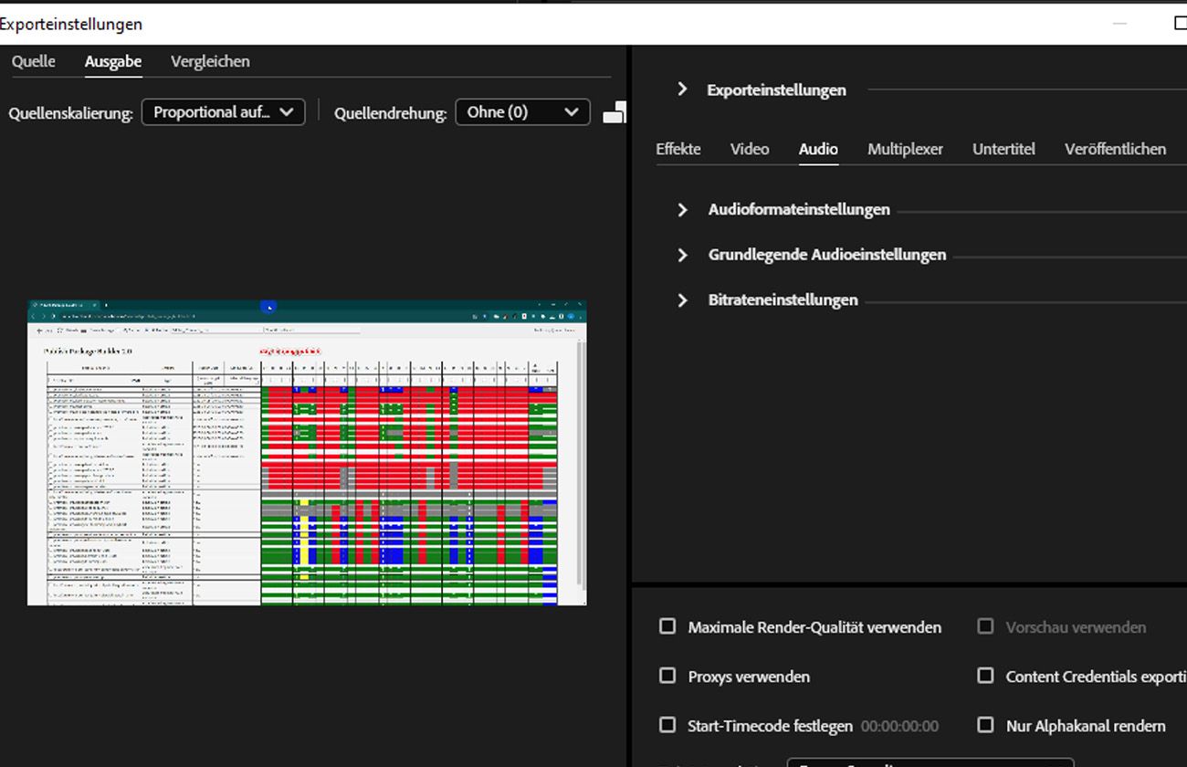 Die Registerkarte „Audio“ ist ausgewählt und bietet Steuerelemente wie „Audio-Format-Einstellungen“, „Grundlegende Audio-Einstellungen“ und „Bitrate-Einstellungen“ zur Anpassung.