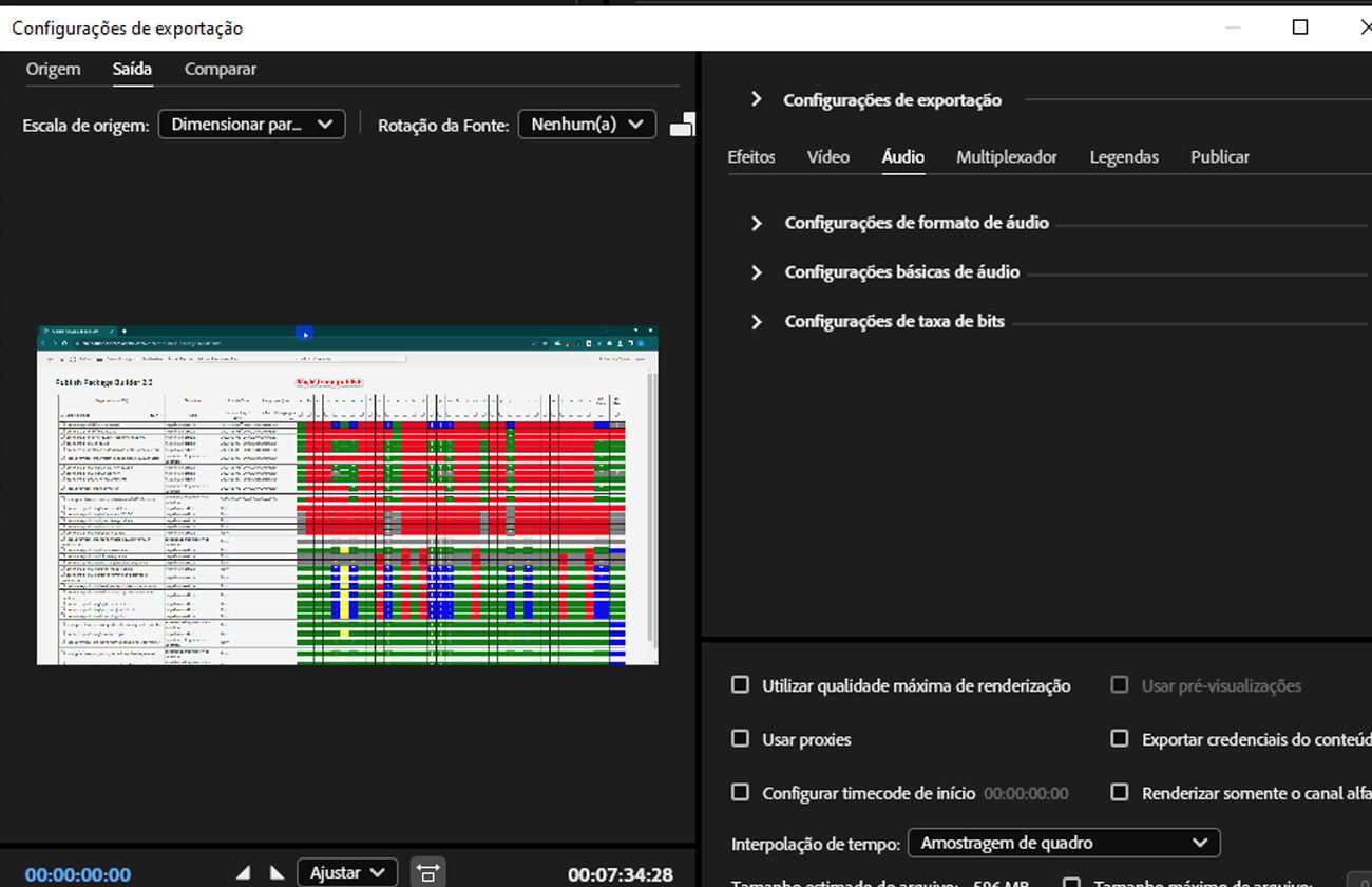 A guia Áudio está selecionada e fornece controles como Configurações de formato de áudio, Configurações básicas de áudio e Configurações de taxa de bits para ajuste.
