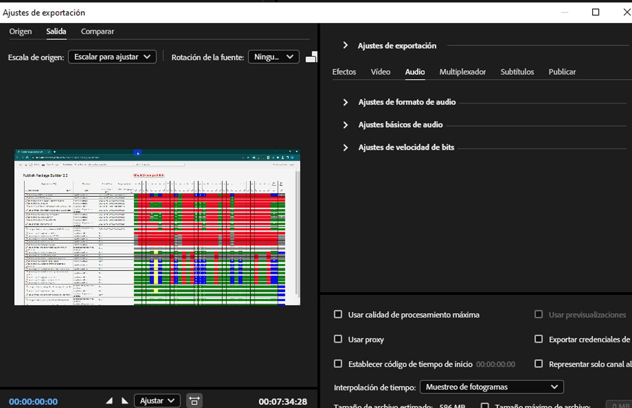 La pestaña Audio está seleccionada y proporciona controles como Configuración de formato de audio, Configuración básica de audio y Configuración de velocidad de bits para ajuste.