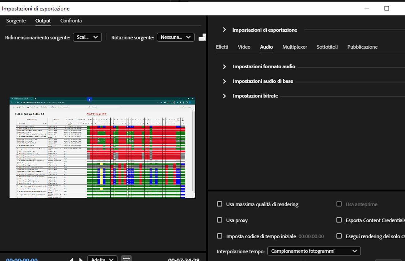 La scheda Audio è selezionata e fornisce controlli come Impostazioni formato audio, Impostazioni audio di base e Impostazioni bitrate per la regolazione.