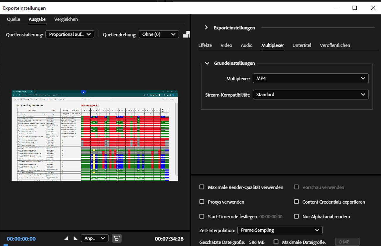 Die Registerkarte „Multiplexer“ ist ausgewählt und bietet Steuerelemente wie „Multiplexer“ und „Stream-Kompatibilität“ zur Anpassung.