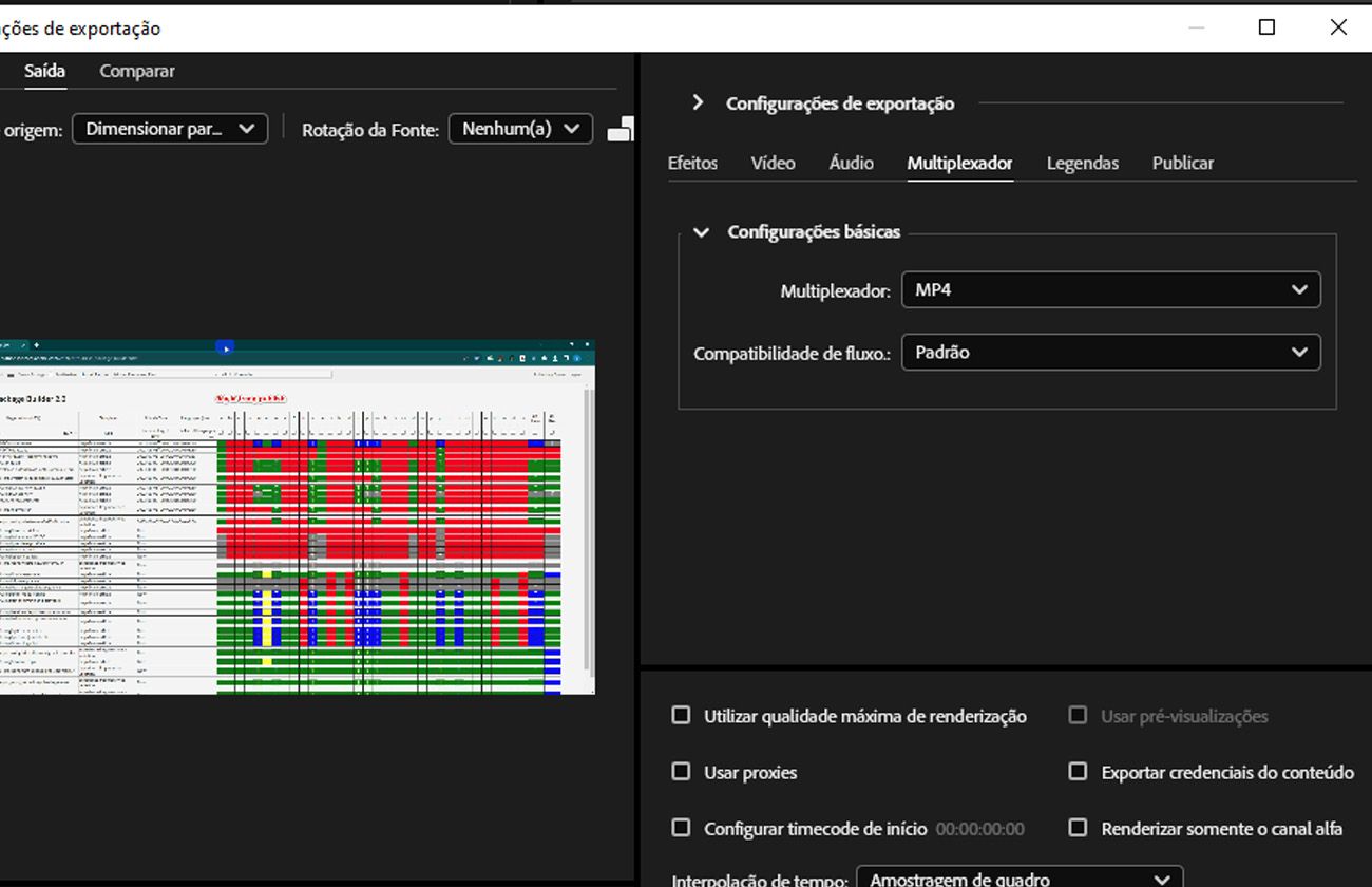 A guia Multiplexador está selecionada e fornece controles como Multiplexador e Compatibilidade de fluxo para ajuste.