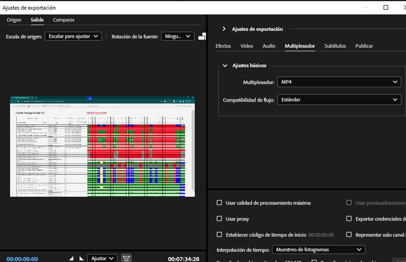 La pestaña Multiplexor está seleccionada y proporciona controles como Multiplexor y Compatibilidad de transmisión para ajuste.