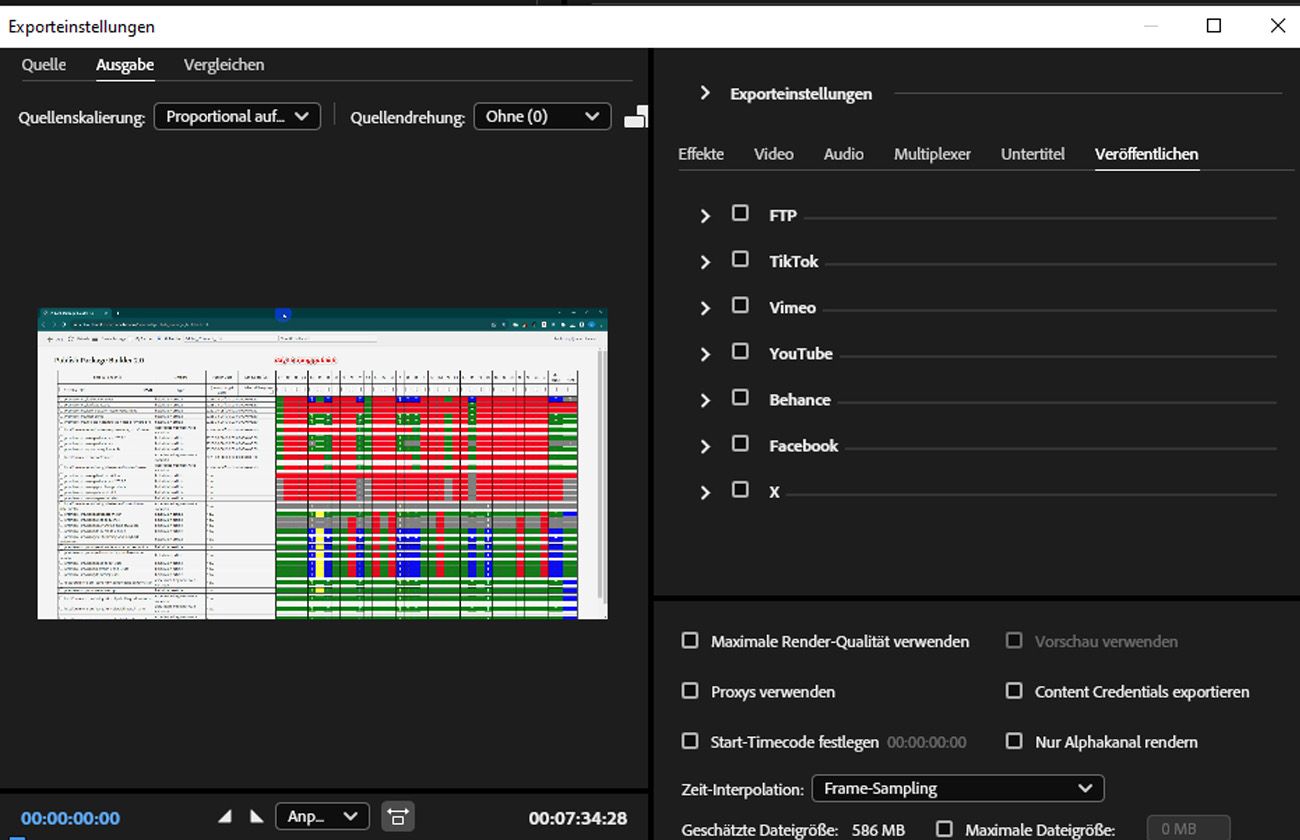 Die Registerkarte „Multiplexer“ ist ausgewählt und zeigt Veröffentlichungsoptionen wie Behance, Facebook, FTP, Vimeo und YouTube an.