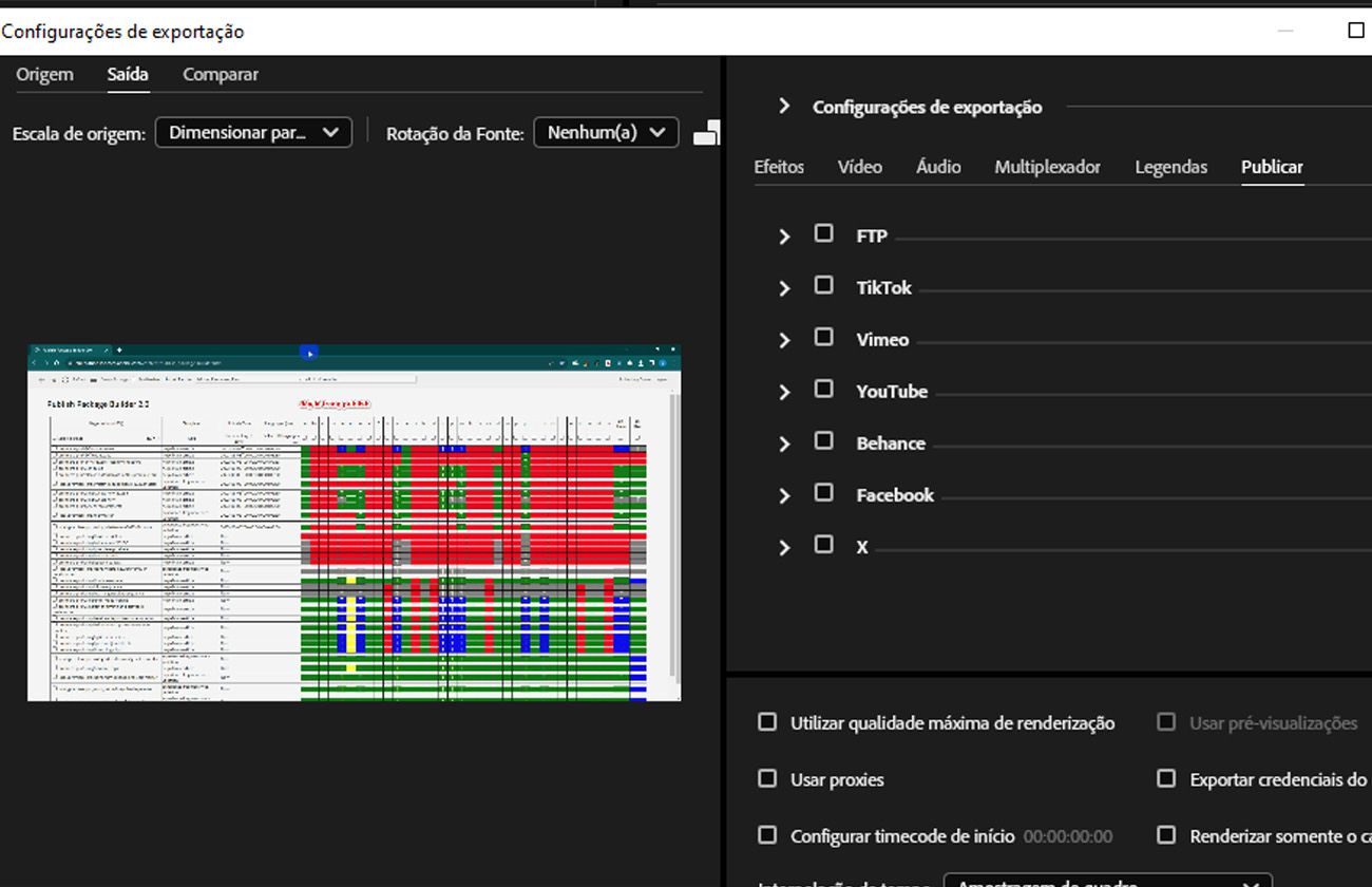 A guia Multiplexador está selecionada e exibe opções de publicação como Behance, Facebook, FTP, Vimeo e YouTube.