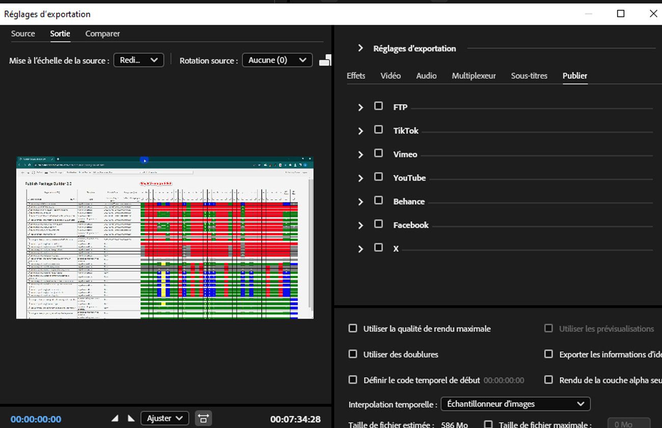 L'onglet Multiplexeur est sélectionné et affiche les options de publication telles que Behance, Facebook, FTP, Vimeo et YouTube.