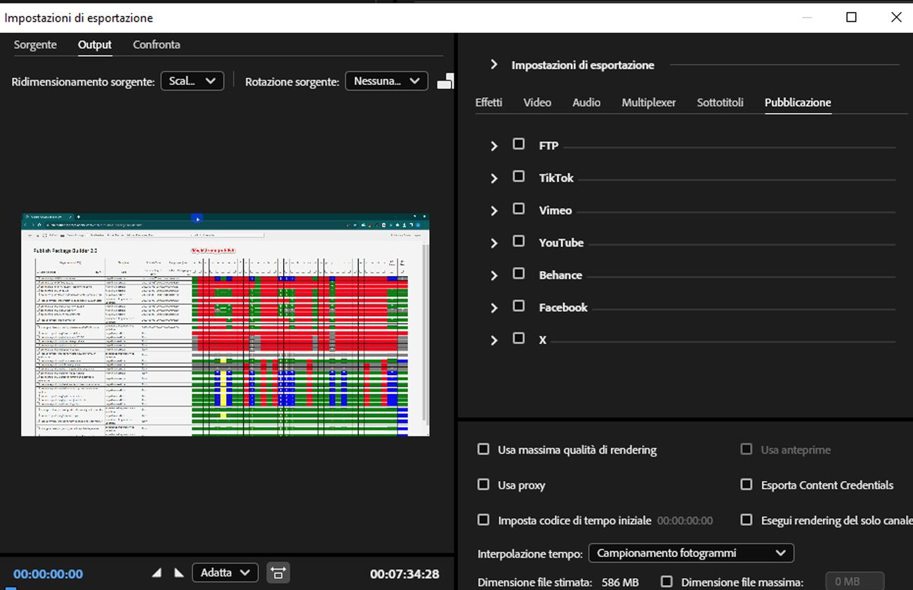 La scheda Multiplexer è selezionata e mostra le options di pubblicazione come Behance, Facebook, FTP, Vimeo e YouTube.