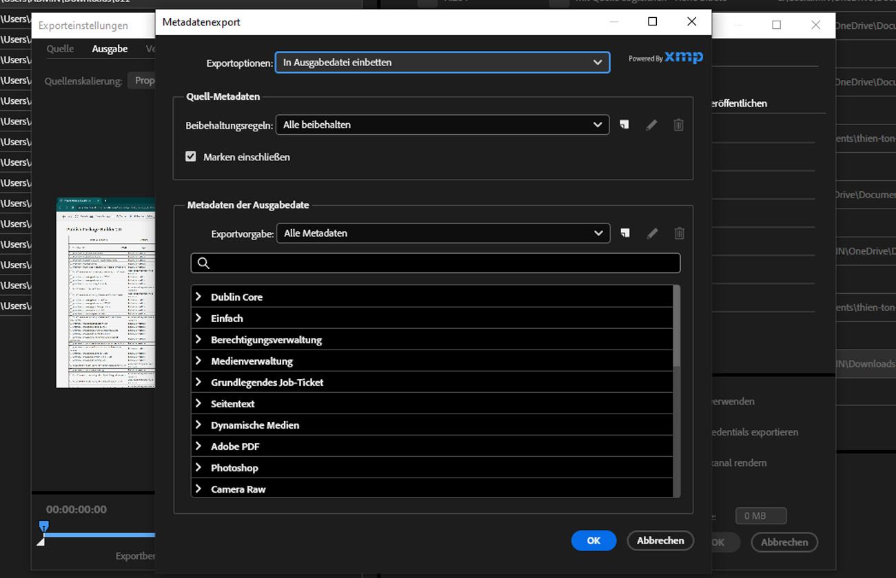 Das Metadaten-Export-Dialogfeld ist geöffnet und zeigt Optionen zum Einschließen, Ausschließen oder Anpassen von Metadaten für die exportierte Datei an.