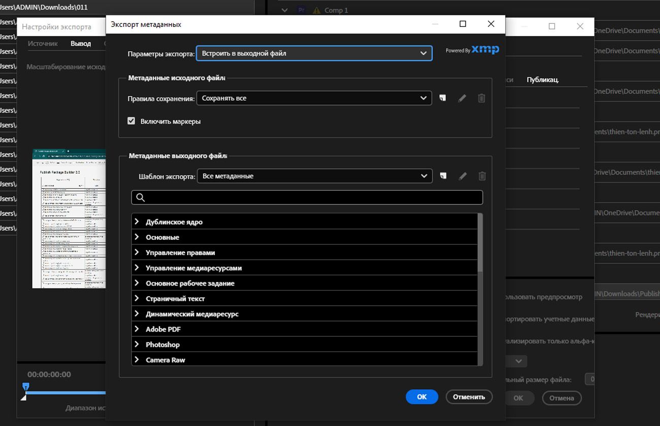 Открыто диалоговое окно «Экспорт метаданных», в котором отображаются параметры для включения, исключения или настройки метаданных для экспортируемого файла.