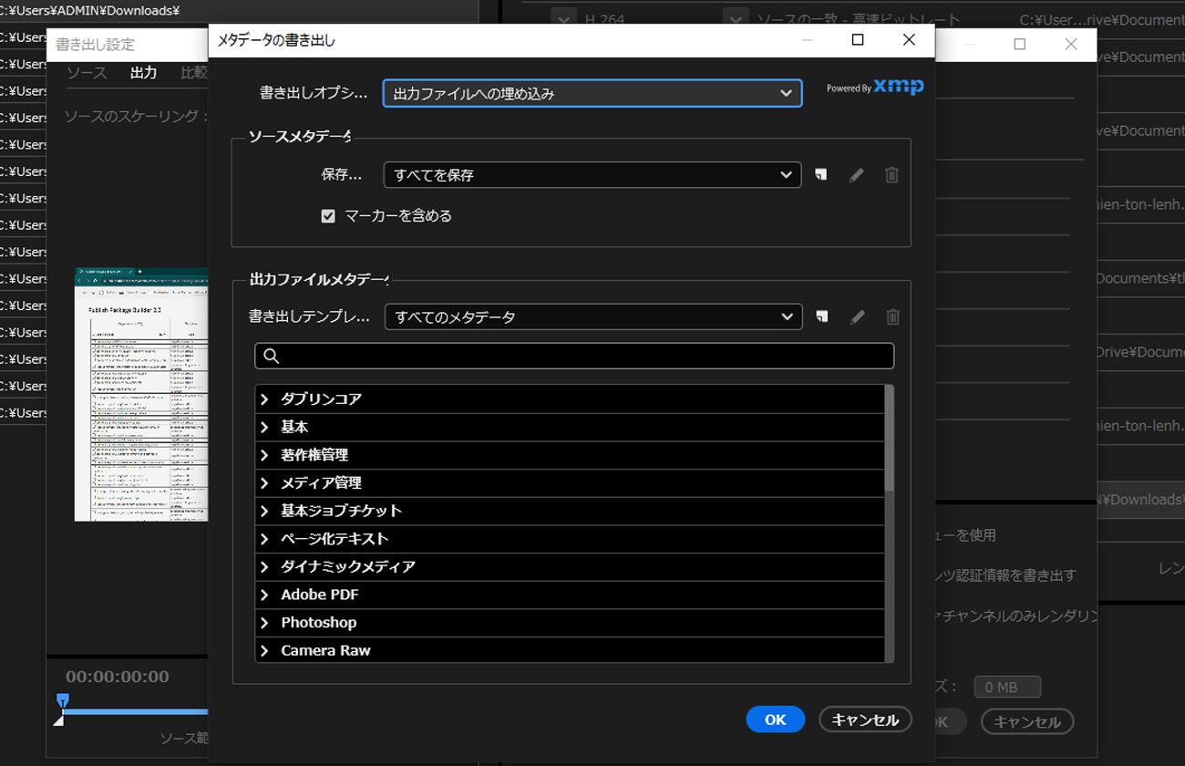 「メタデータの書き出し」ダイアログボックスが開き、書き出すファイルのメタデータを含める、除外する、またはカスタマイズするオプションが表示されます。