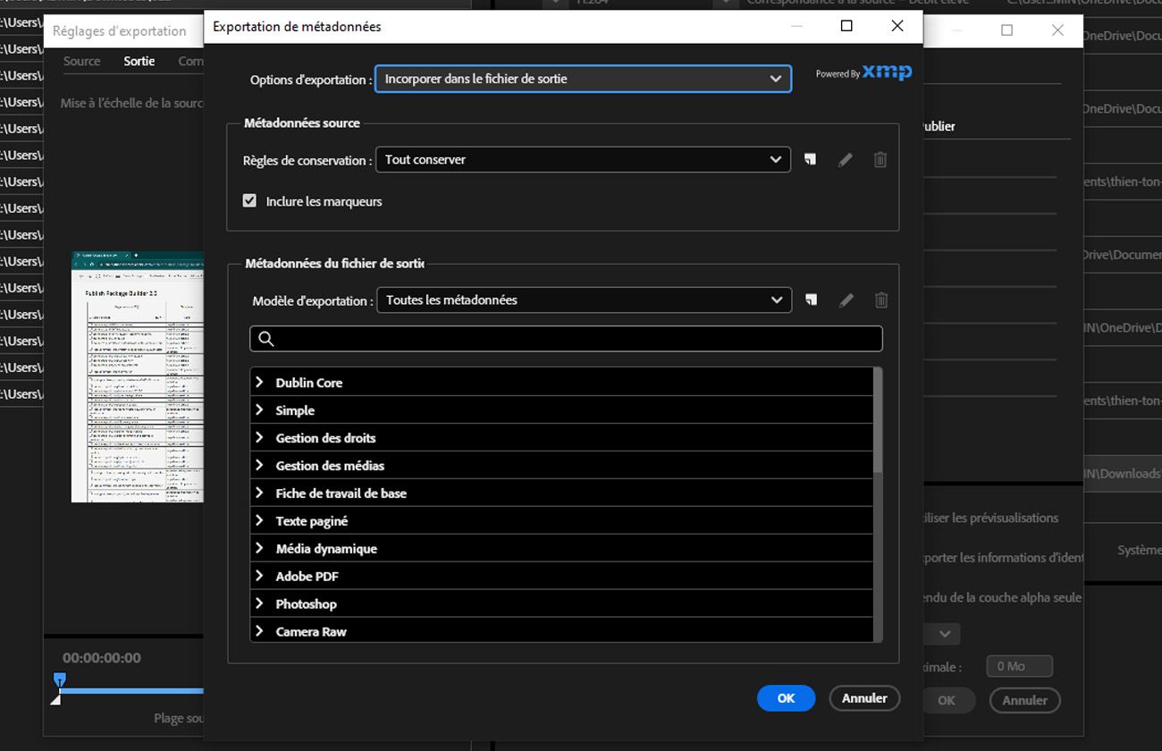 La boîte de dialogue export de métadonnées est ouverte et affiche les options pour inclure, exclure ou personnaliser les métadonnées du fichier exporté.