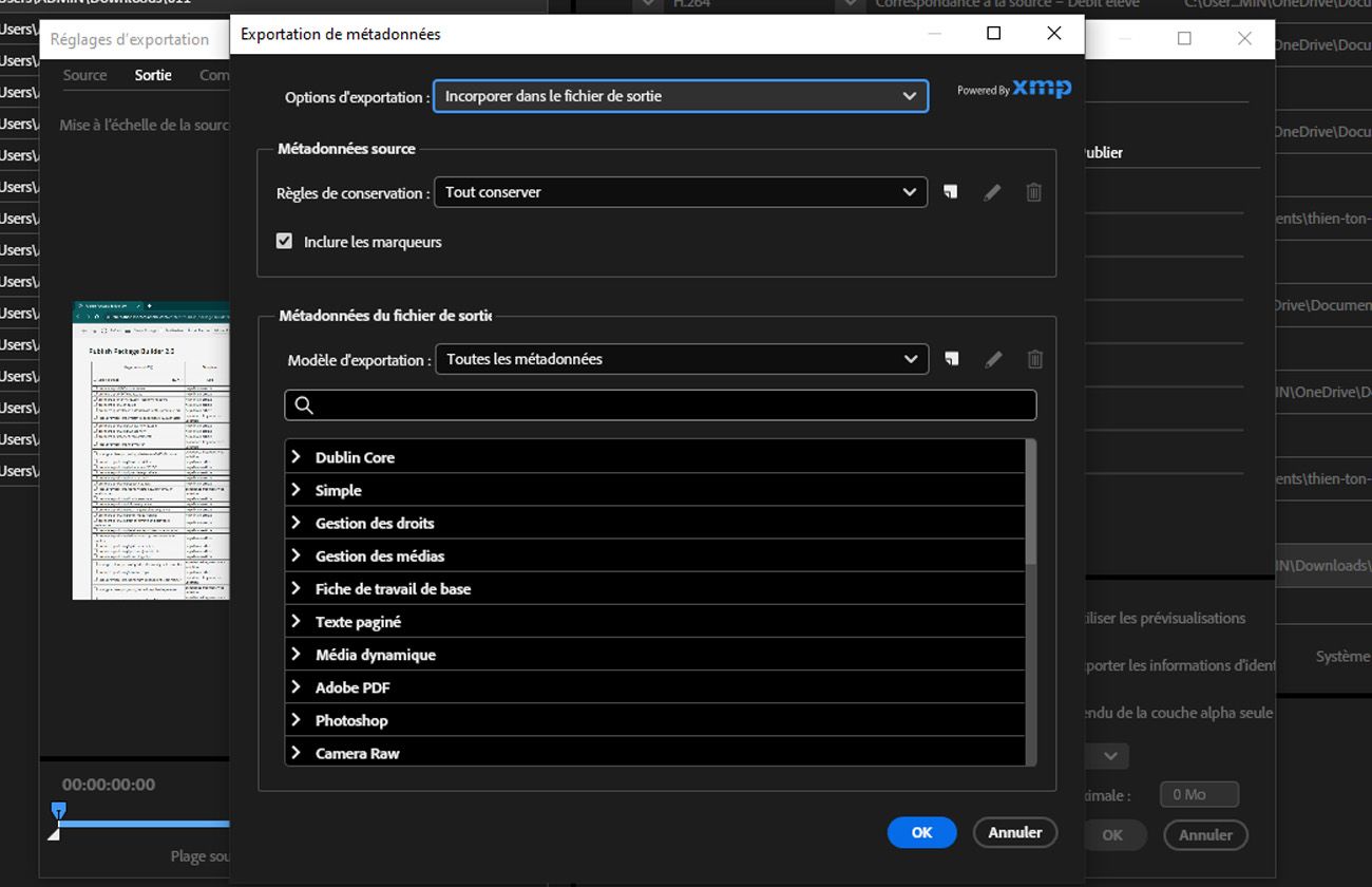 La finestra di dialogo Esportazione metadati è aperta e mostra le opzioni per includere, escludere o personalizzare i metadati per il file esportato.